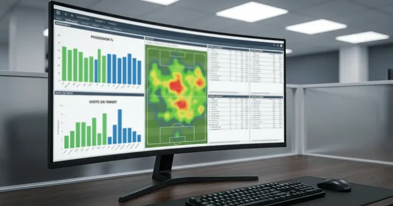 Ecrã de computador com gráficos e métricas de futebol