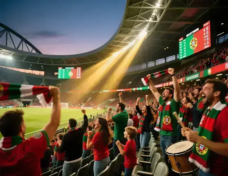 Adeptos num estádio de futebol a ver jogo ao vivo com ecrãs de resultados ao fundo