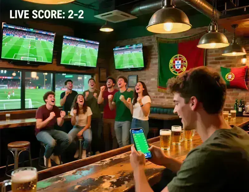 Grupo de amigos a assistir a um jogo de futebol ao vivo num bar desportivo, capturando a emoção das apostas ao vivo