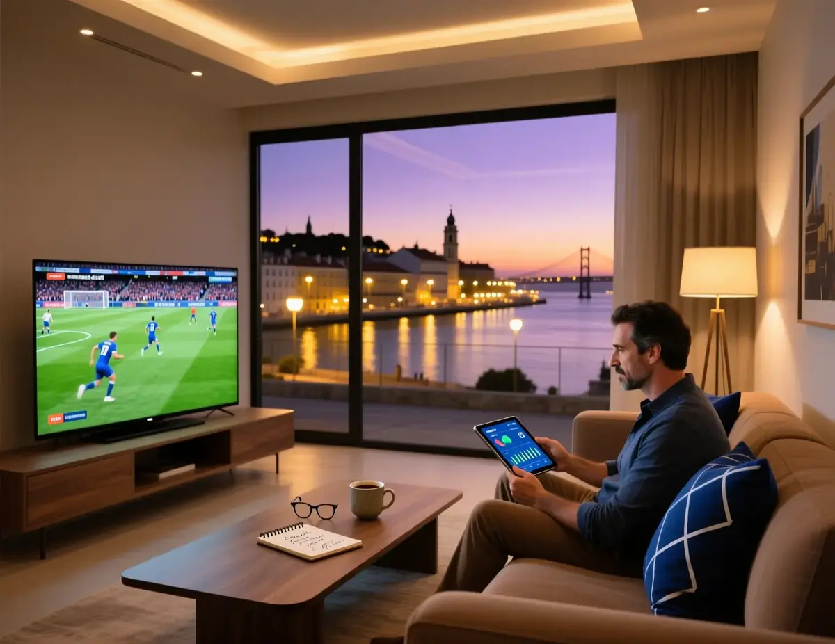 Pessoa a assistir a um jogo de futebol numa sala moderna em Portugal, representando apostas desportivas informadas