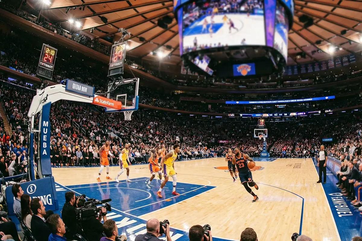 Jogo de basquetebol NBA com jogadores em acção no pavilhão