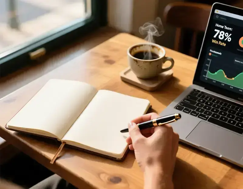 Mão a escrever fórmulas de probabilidade implícita num caderno com caneta junto a portátil
