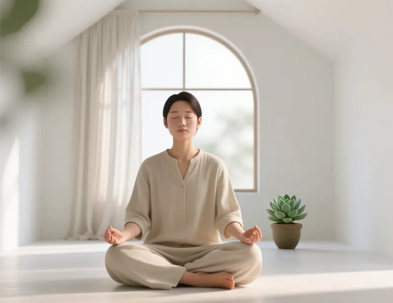 Pessoa sentada calmamente a meditar com olhos fechados num ambiente sereno e luminoso