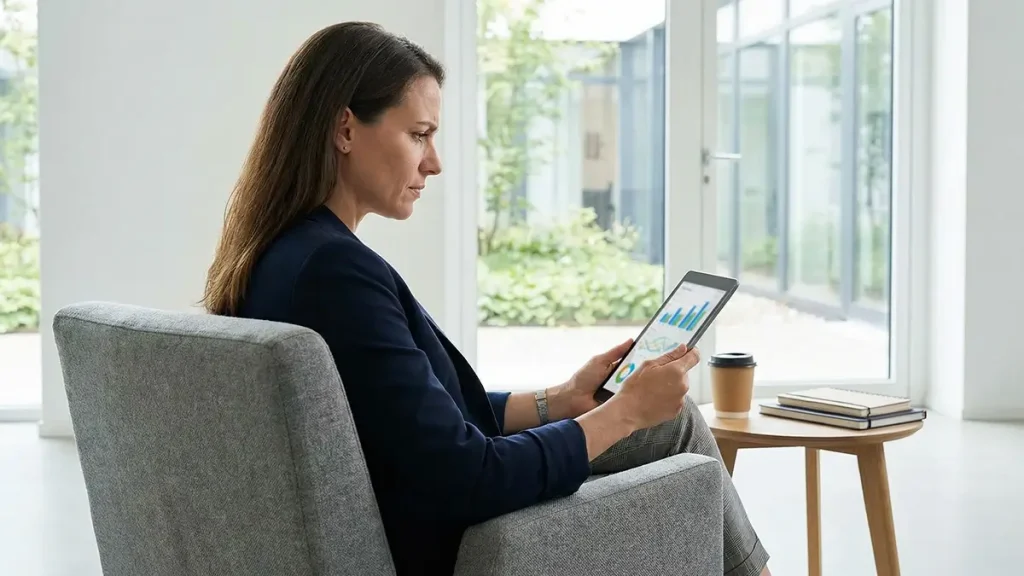 Pessoa a analisar gr&aacute;ficos estat&iacute;sticos num tablet