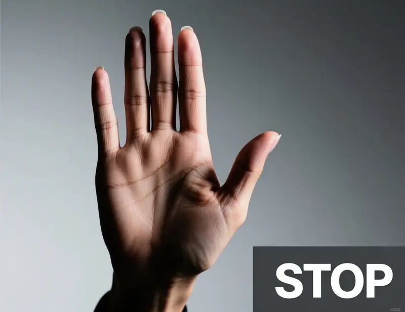 M&atilde;o a fazer gesto de stop com palma aberta simbolizando autocontrolo e disciplina