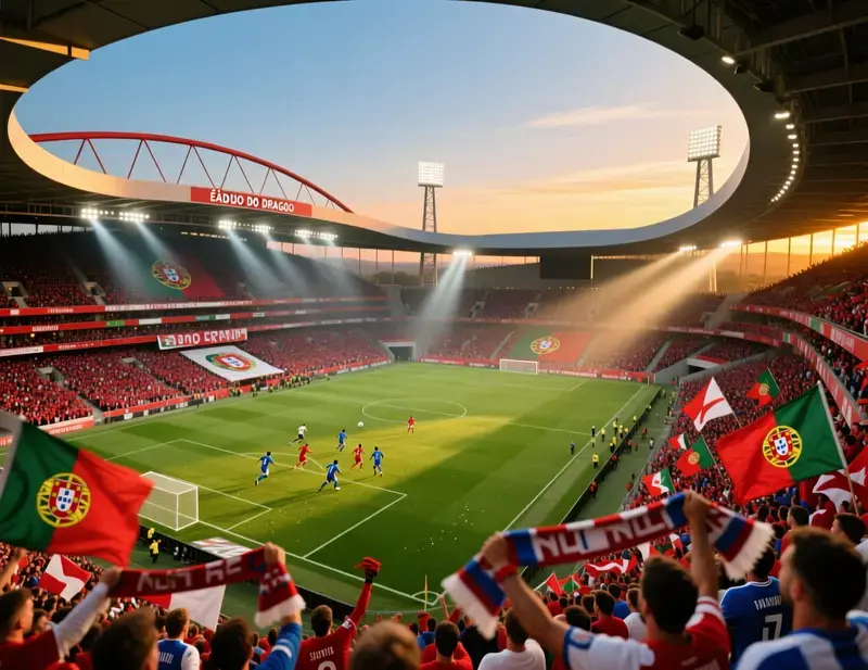 Estádio de futebol português cheio de adeptos durante um jogo noturno, atmosfera vibrante do desporto em Portugal