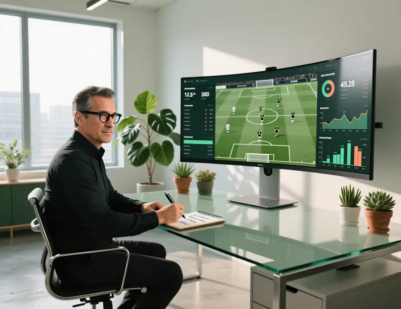 Analista desportivo profissional a estudar dados num ecr&atilde; com estat&iacute;sticas de futebol