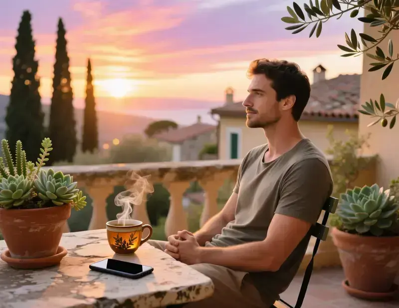 Pessoa relaxada num terraço ao pôr do sol com telemóvel desligado, simbolizando o jogo responsável e autocontrolo