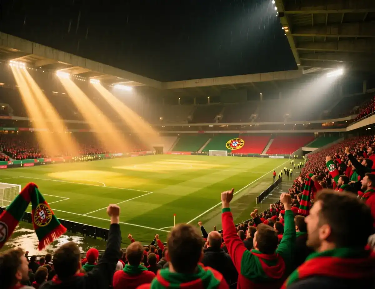 Estádio de futebol português iluminado com adeptos vibrantes nas bancadas
