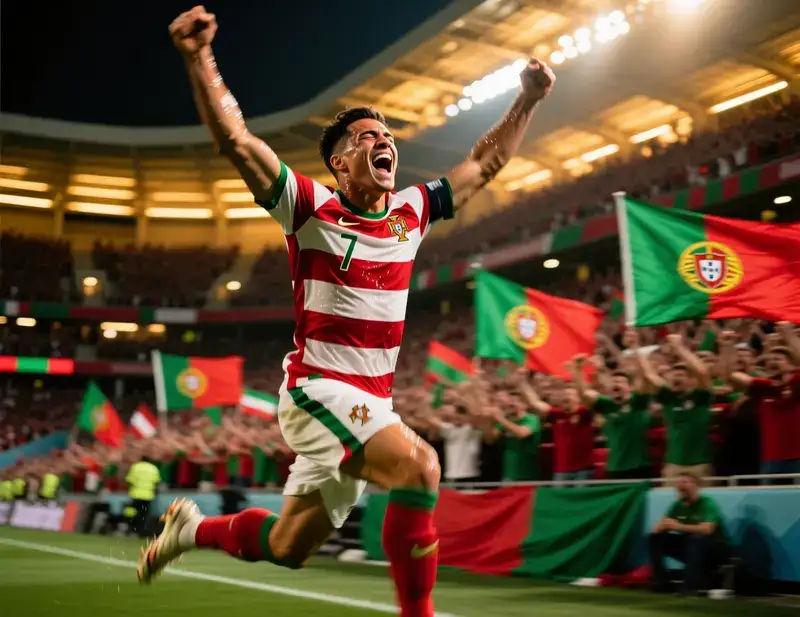 Jogador de futebol portugu&ecirc;s a celebrar golo com adeptos ao fundo no est&aacute;dio