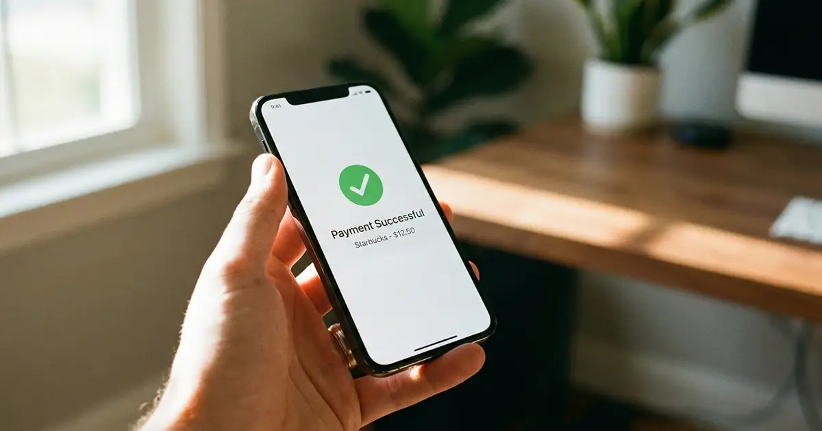 Smartphone com aplicação de pagamentos móveis numa mão