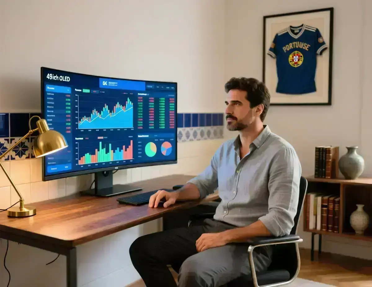 Apostador profissional a analisar odds e cotações num ecrã de computador em ambiente moderno