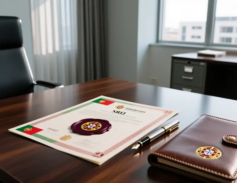Documento oficial com selo do regulador portugu&ecirc;s SRIJ sobre mesa de escrit&oacute;rio