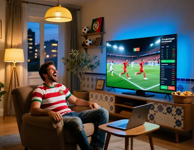 Adepto portugu&ecirc;s a ver jogo de futebol na televis&atilde;o em casa com port&aacute;til ao lado