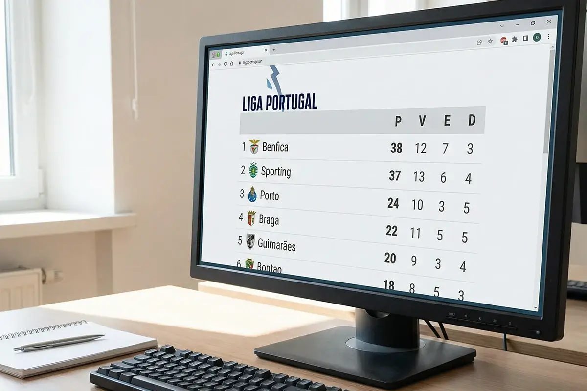 Ecrã de computador com tabela classificativa da Primeira Liga portuguesa