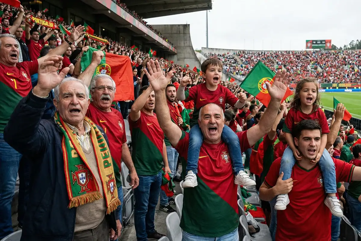 Adeptos portugueses a apoiar a sua equipa nas bancadas de um estádio