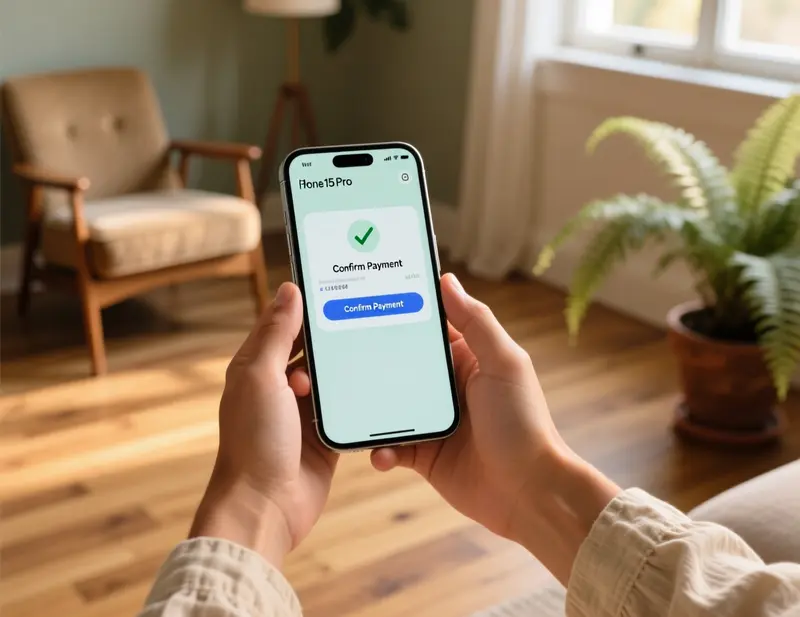 M&atilde;os a segurar smartphone com aplica&ccedil;&atilde;o de pagamentos num ambiente dom&eacute;stico acolhedor