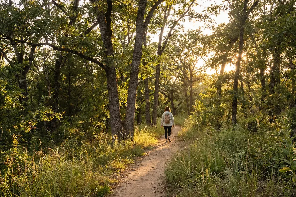 Pessoa a caminhar ao ar livre num ambiente natural e calmo