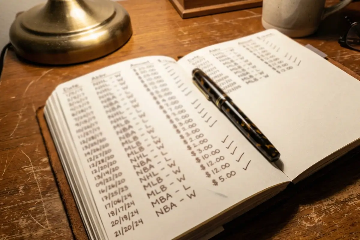 Bloco de notas com registos de apostas e uma caneta